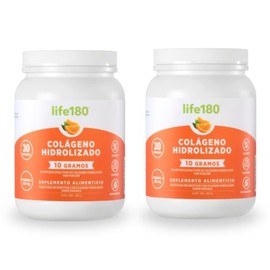 Life180, Colágeno Hidrolizado en Polvo, Sabor Naranja, Paquete de 2 piezas de 450 gr c/u , 60 Porciones, 10gr de Colágeno por Porción | Suplemento Alimenticio para Salud de Cabello, Piel y Articulaciones, Sin Azúcar, Sin Carbohidratos