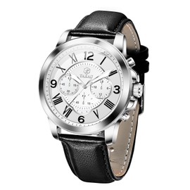 Taxau Silver Watch for Men Black Leather Band Mens Watches Large Face Analog Quartz Men's Wrist Watches with Date Easy Read Casual Fancy Waterproof Watches for Men