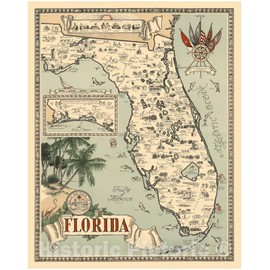 Historic Map - Florida. (Inset: Western Part of Florida). Five Flags Have Flown Over Florida. 1953 - Vintage Wall Art - 35in x 44in