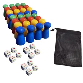 Set of 150 Toy Figures, 96 Colourful Halma Gel Wooden Toy Figures, 25 x 12 mm and 12 Wooden Dice with Bag for Storage, Toy Figures for Board Games, Red, Yellow, Blue, Green
