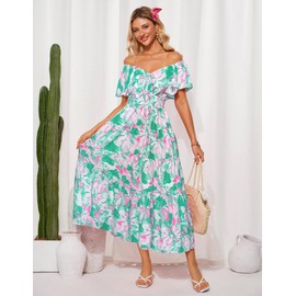 GRACE KARIN Womens 2025 Floral Summer V-Neck Ruffle Sleeve Empire Waist A-Line Casual Maxi Tiered Dress with Pockets Green XL