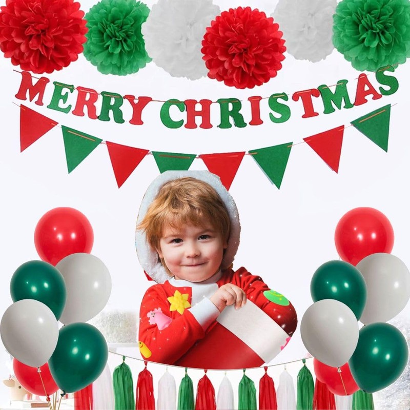 Merry Christmas Banner Christmas Decorations with 30pcs Red Green White