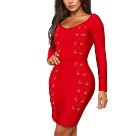 Hybrid & Company Womens Elegance V-Neck Knee-Length Stretch Chic Midi Bandage Dress DRBD197 RED 1X