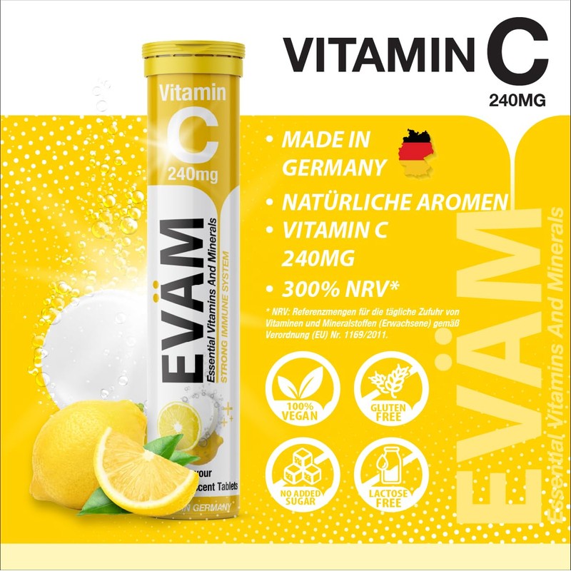 EVÄM Vitamin C 240 mg Effervescent Tablets, Lemon Flavour, 2