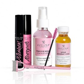 AVELINA COSMETICS - Avelash Kit, Serum alargador de pestañas y cejas 60ml, Tónico de rosas con aloe vera de 120ml, Máscara Volumen Intenso 13g, Máscara Alargado Extremo 13g, Separador de pestañas.