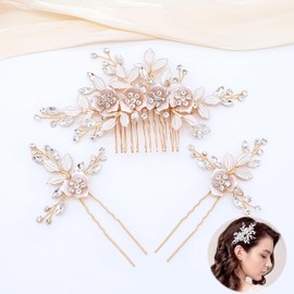 Lyfengdeam Bridal Headpieces Hair Combs3 pieces，Handmade Hair Comb Set Flower Pearl Hair Barrettes，Sparkly floral hair accessories (Rose gold)