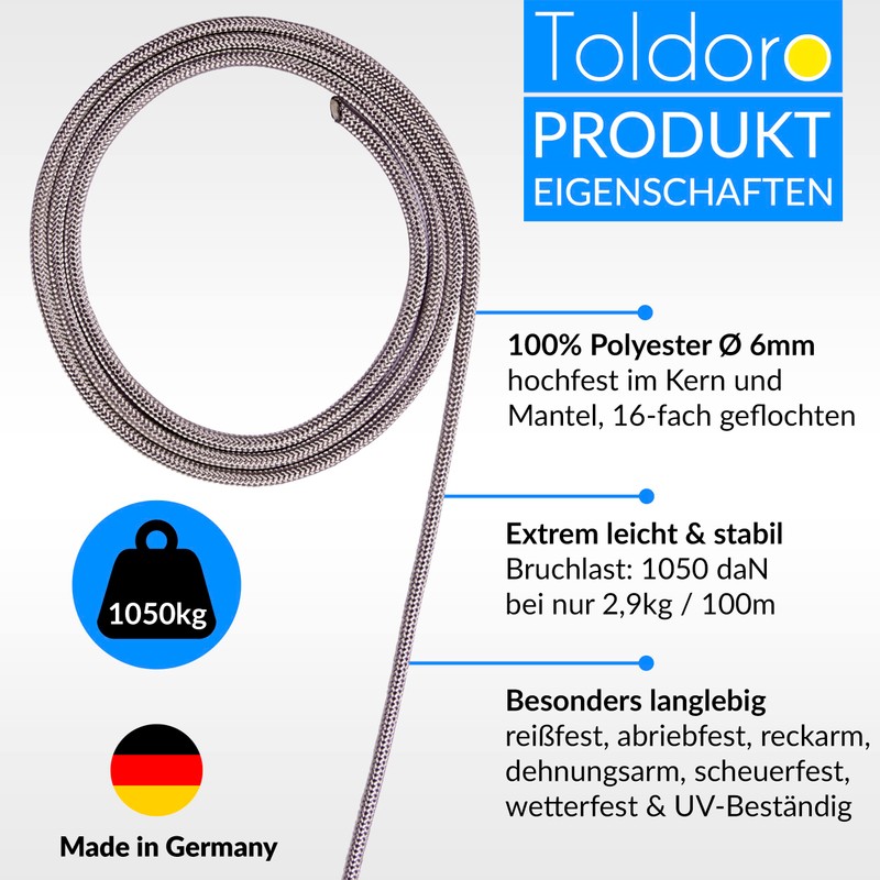 Toldoro® Rope 5 m and diameter 6 mm grey including