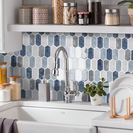 WalDecoo Peel and Stick Tiles for Kitchen, Thicker Design 3D Self-Adhesive Long Hexagon Wall Tile Backsplash, Mix Blue 10-Sheet 12"x12" Stick on Tiles, Peel and Stick Wall Tile for Kitchen