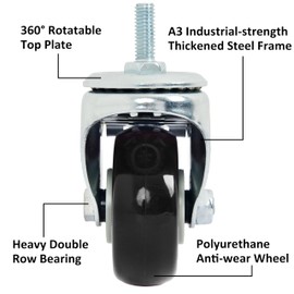 Finnhomy Swivel Caster Wheels 3 Inch Threaded Stem Casters Set of 4 Heavy Duty 3/8"-16 x 1 with Brake Polyurethane Industrial Locking Castors Wheels for Cart/Furniture 2200 Lb Smooth Casters, Black