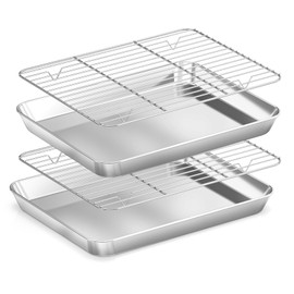 Fire More Small Baking Sheet & Rack Set (2 Baking Pans + 2 Baking Racks), Stainless Steel Cookie Sheet & Cooling Rack, Nonstick Baking Tray, Non Toxic & Heavy Duty & Easy Clean, Size 9 x 7 x 1 Inch