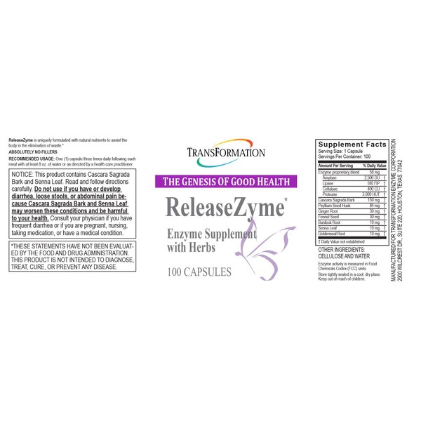 Transformation Enzymes ReleaseZyme, - #1 Practitioner Recommended - Provide's Digestive Support and Encourage Improved Delivery Of The Herbal Ingredients - 100 Capsules,