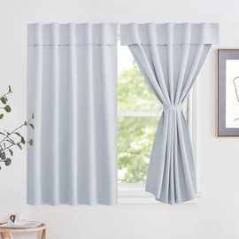 NICETOWN Short Blackout Curtains for Bedroom - Portable Thermal Insulated Self Adhesive Window Curtains for Living Room Bedroom, 1 Panel Sewn with Tiebacks, Greyish White, 52 x 63 Inch