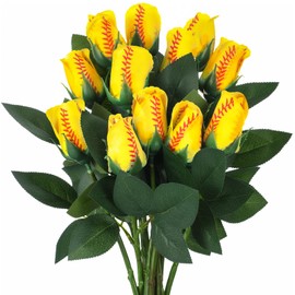 Suhine 12 Pcs Softball Rose Bulk Artificial Baseball Gifts Flower Decor for Graduation Wedding Party Sports Theme Bouquet Gift for Girl Coach Team Player Fan
