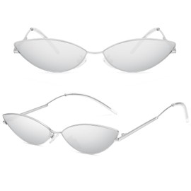 MEETSUN Retro Vintage Cat Eye Sunglasses For Women Men Narrow Small Oval Glasses Petals Shape Curved Temple Design - Silver/Silver