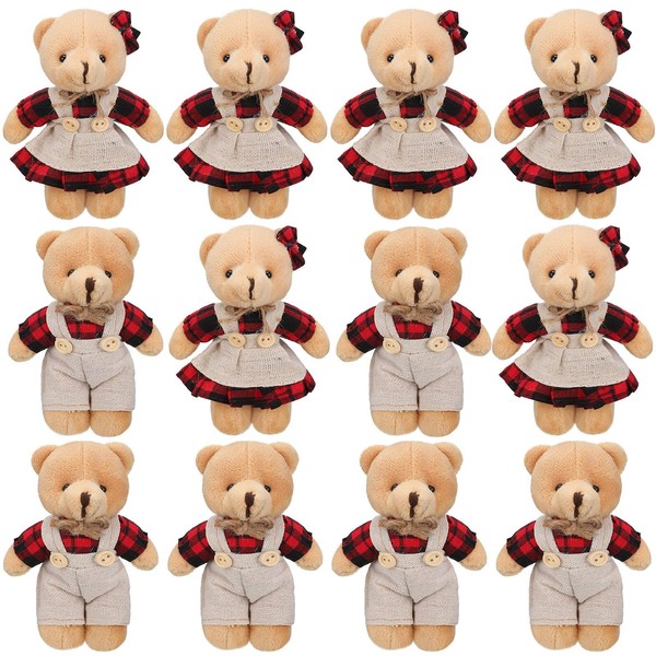 12 Pieces Mini Bear Stuffed Animals Plush Bears, Mini Couple Bear with Burlap Clothes Little Bear Toys for Birthday Wedding Decorations Christmas Party Favors Supplies (Red, Black,Plaid Style)