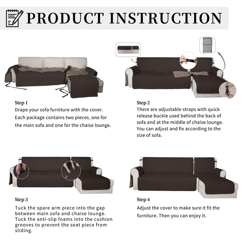 Easy-Going Waterproof Sectional Couch Covers with Chaise 2-Piece Non Slip