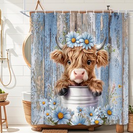 MDUKOIN Funny Highland Cow Shower Curtain, Blue Cute Rustic Western Floral Plant Daisy Wooden Farmhouse Bath Curtain, Country Animal Fabric Waterproof Shower Curtain Set for Bathtub Decor, 72X72IN