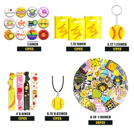 Softball Party Favors Softball Keychains Elastic Softball Ribbon Hair Ties Goodie Bags Button Badges For Softball Theme Party Classroom Rewards Softball Sports Club Team Supplies (Yellow Softball)
