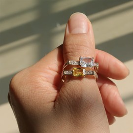Sonateomber Yellow White Cubic Zirconia Gold Statement Ring for Women - Trendy Large Simulated Diamond Topaz Citrine Adjustable Square Double Ring Costume Jewelry