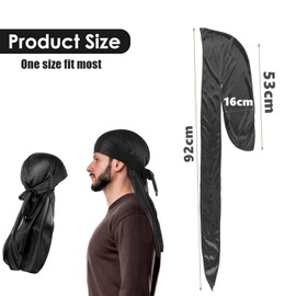 Norhogo Satin Elastic Bonnet, Ultra-Soft & Wrinkle Free Satin Simulation Silk Thick Long Tail Pirate hat, Stylish & Comfortable, Wide & Long Tail Perfect for Waves, Braids & Locs (Black)