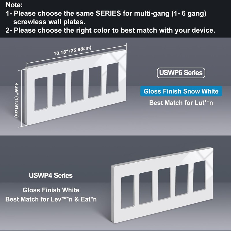 BESTTEN 5-Gang Screwless Wall Plate, Decorator Outlet Cover, Decorative Switch
