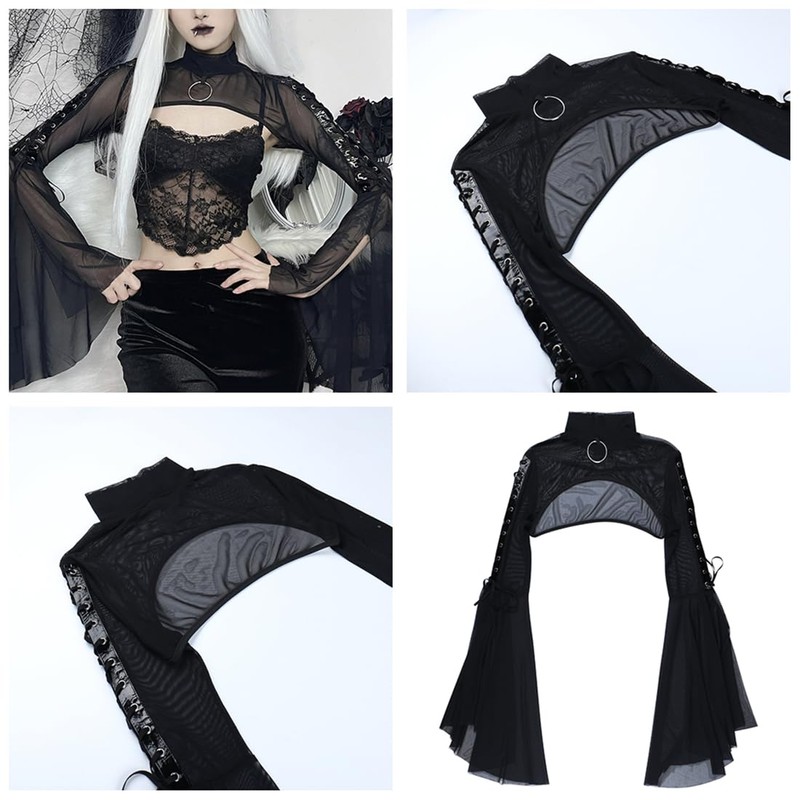 Women Goth Crop Tops Gothic Punk Fishnet Cover Up Bell