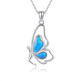 HUKKUN Butterfly Fairy Necklace for Women 925 Sterling Silver Blue Opal Butterfly Fairy Pendant Necklace Jewellery Gifts for Women Girls