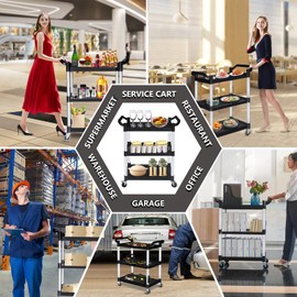 PELOEMNS Plastic Utility Carts with Wheels, Heavy Duty 510lbs Capacity Rolling Service Cart, 3-Tier Restaurant Food Cart with Hammer for Office, Warehouse, Garage (Lockable Wheels, Black)