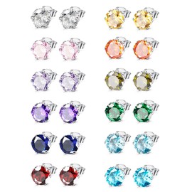 Jstyle Hypoallergenic Stud Earrings for Women Men Surgical Stainless Steel Cubic Zirconia Earrings Studs Colorful Birthstone Earrings Set Womens small Stud Post Earrings for Sensitive Ears 6mm