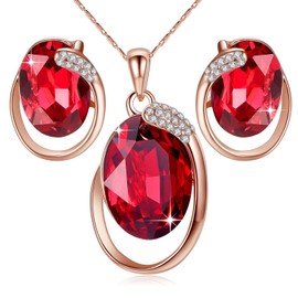 Leafael [Presented by Miss New York Austrian Crystal Rose Gold Plated Oval Double Circle Shape Red Magma Jewelry Set Earrings Pendant Necklace, 18" +