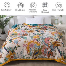 Snycler Boho Throw Blanket, 100% Cotton Soft Luxury Throw Rustic Quilt, 80"x90" Floral Printed Farmhouse Decor Bed Summer Blankets, All Season Rustic Reversible Bohemian Throw for Bed - Flower