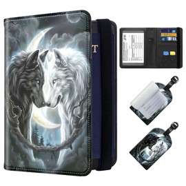 ETLKJVBL Exquisite Passport Holder for Travel Accessory, Black White Wolf Leather Passport Cover with Space for Documents and Family Photos, Travel Passport Wallet for Women and Men Pattern Design