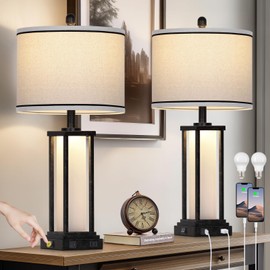 27" Tall Vintage Table Lamp Set of 2 with USB C+A & Outlet,Bronze Industrial End Table Lamp for Living Room,Farmhouse Rustic Bedside Lamps with Frosted Glass Night Light for Bedroom Nightstand,Bronze