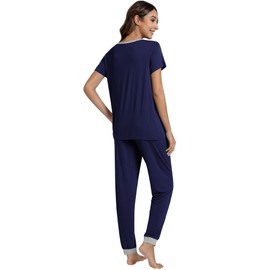 NACHILA Pajamas for Women Short Sleeve Pjs Jogger Pants Pajama Sets Soft Sleepwear with Pockets Navy Blue/Light Heather Grey Medium