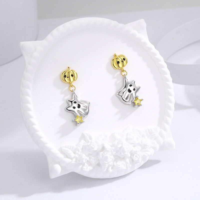 925 Sterling Silver Halloween Earrings Cute Pumpkin Ghost Stud Earrings