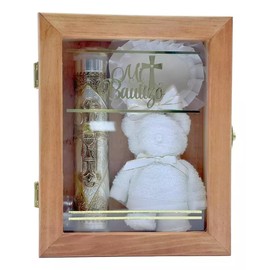 Kit de Bautizo Premium, Caja de Madera 25x20 cm, Cirio 20x3.8 cm, Concha Natural, Toalla Facial, Decenario Acrlico, Madera y Algodn                   
