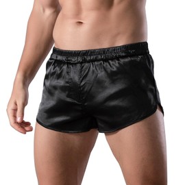 GENEMEN Mens Sexy Satin Boxer Shorts 3 Inch Inseam Silk Pajamas Sleep Boxers Lounge Shorts with Elastic Waist (Black, L)