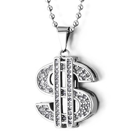 COOLSTEELANDBEYOND Hip Hop Punk, Mens Womens Steel US Dollar Money Sign Pendant with CZ Necklace, 30 Inches Ball Chain, Cubic Zirconia Stainless Steel, Cubic Zirconia
