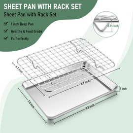 Toaster Oven Pan with Rack Set (2 Small Baking Sheets+2 Grill Racks), 9 x 7 Inch Stainless Steel Small Cookie Sheets Bacon Tray with Grid Cooling Racks for Baking Roasting Grilling, Dishwasher Safe