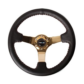 NRG Innovations 350mm Sport Steering Wheel (3"deep) Black Leather with Red Stitching Gold Center - ST-036GD (Gold Center)