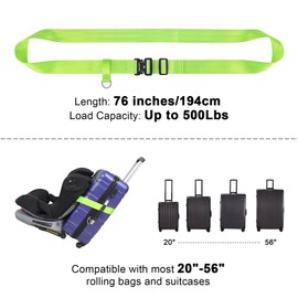 Vigorport Travel Belt, Luggage Strap to Convert Carry-on Luggage into Airport Stroller Carrier, Metal Buckle (Green, 76 Inch／Metal Buckle)