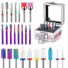 25Pcs Drill Bits Set with Portable Holder  3/32 Inch Ceramic Carbide Cuticle Efile Remover Bit for Home Salon Gel Polish Manicure Pedicure - Color: Pink