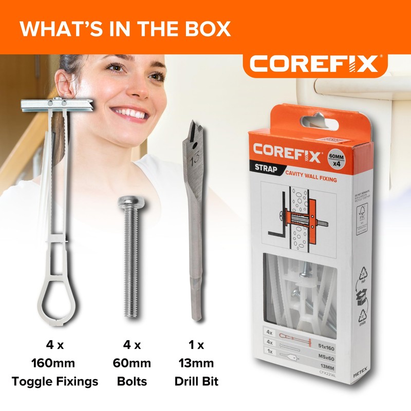 Corefix Strap Cavity Wall Fixing 4 Pack (M5x60mm), Heavy Duty