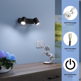 ledscom.de WAIKA Wall Spotlight with Switch, Matt Black, Includes GU10 LED (Warm White, Each 7.6 W, 1103 lm, 33°)