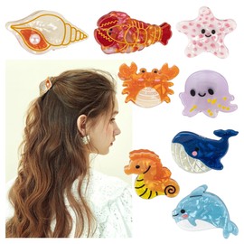 Framendino, 8 Pack Small Ocean Animal Claw Clips Conch Crab Whale Starfish Octopus Dolphin Seahorse Lobster Hair Accessories for Women