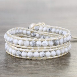 KELITCH 2 Wrap leather Bracelet for Women Braided White Howlite Beads Bracelets Strand Chain Cuff
