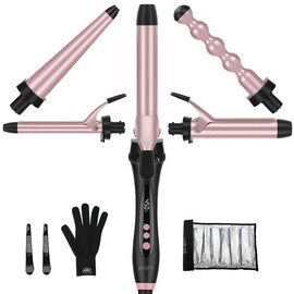 Prizm Comfort 5 In 1 Curling Iron Set with Clamps, Curing Bubble Wand, Curling Iron Travel Dual Voltage Rose Pink Hot Styling Tool Salon Use Hair Heated Curler Waver Hair - Color: Pose Pink (With Clamp)