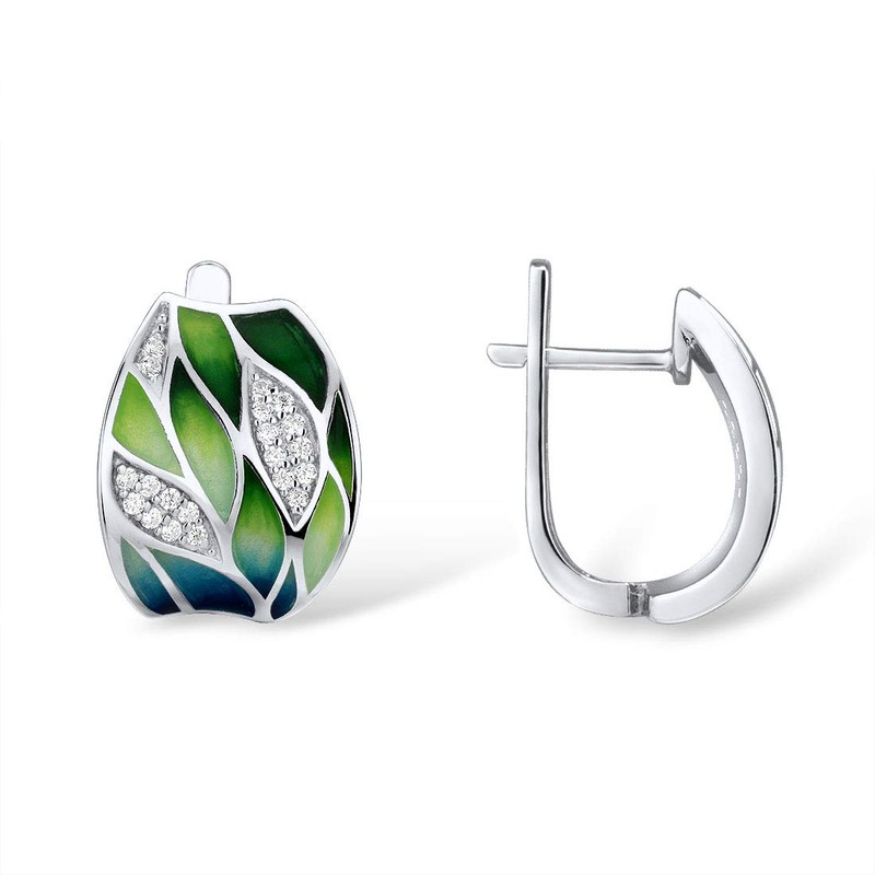 Santuzza Bamboo Leaves Earrings 925 Sterling Silver Cubic Zirconia Enamel