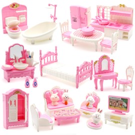 36Pcs Dollhouse Furniture Set Miniature Accessories Pretend Play Furniture for Dolls House 1:12 Scale Bathroom Bedroom Living Room Kitchen Furniture with Bunny for Kids Birthday Christmas(PINK)