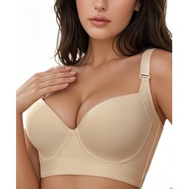 Cekqoci Women's Push Up Bra Hide Back Fat Full Coverage Bras with High Support Plus Size T-Shirt Bra for Smoothing Back(nude-36c)